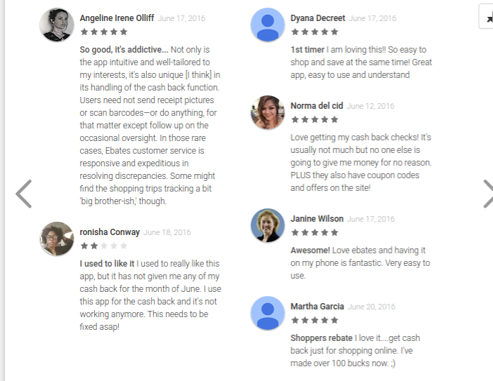 eBates Google app store reviews