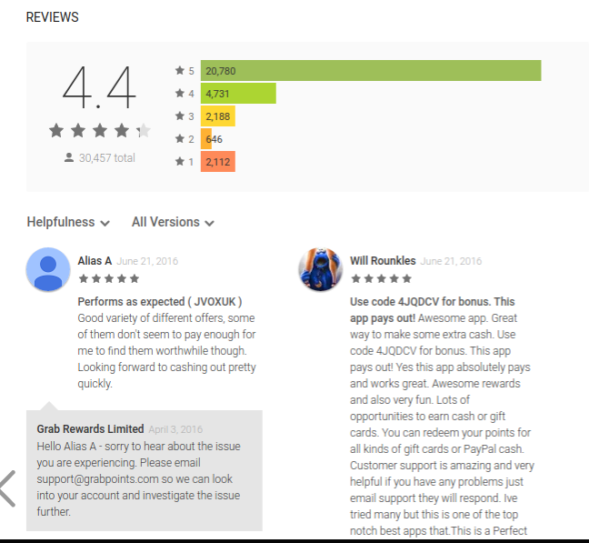 GrabPoints Google App store reviews