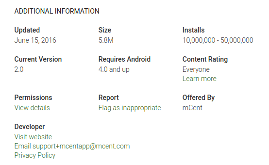 mCent mobile rewards app install stats