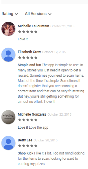 Reviews from the Google Play app store for Shopkick shopping rewards app