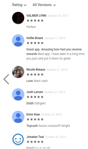 reviews for the Tap Cash app in Google Play Store